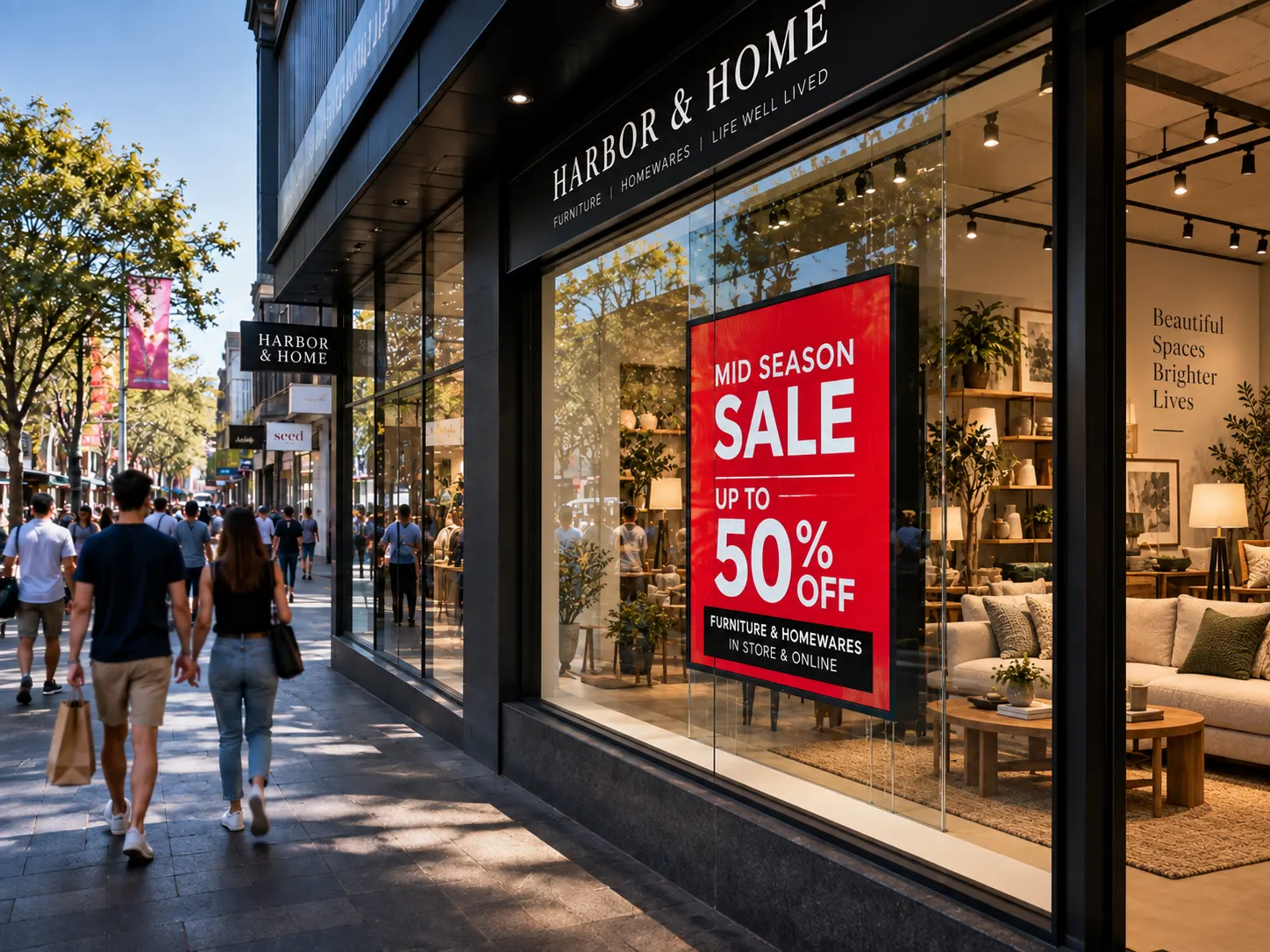 Bright LED sale display installed in a retail shopfront window on a busy shopping street.