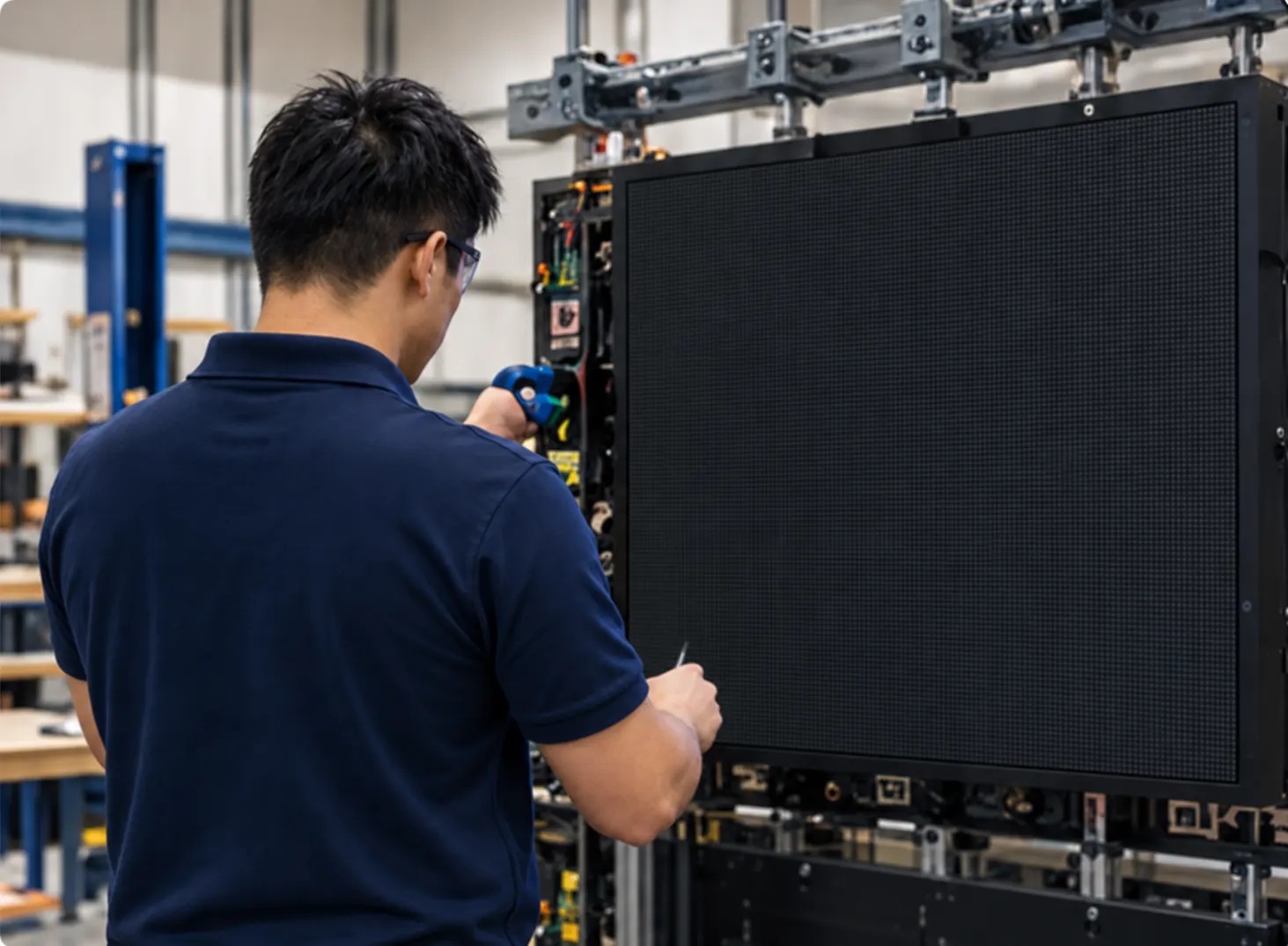 LEOLED technician assembling a custom LED screen in the Sydney workshop.