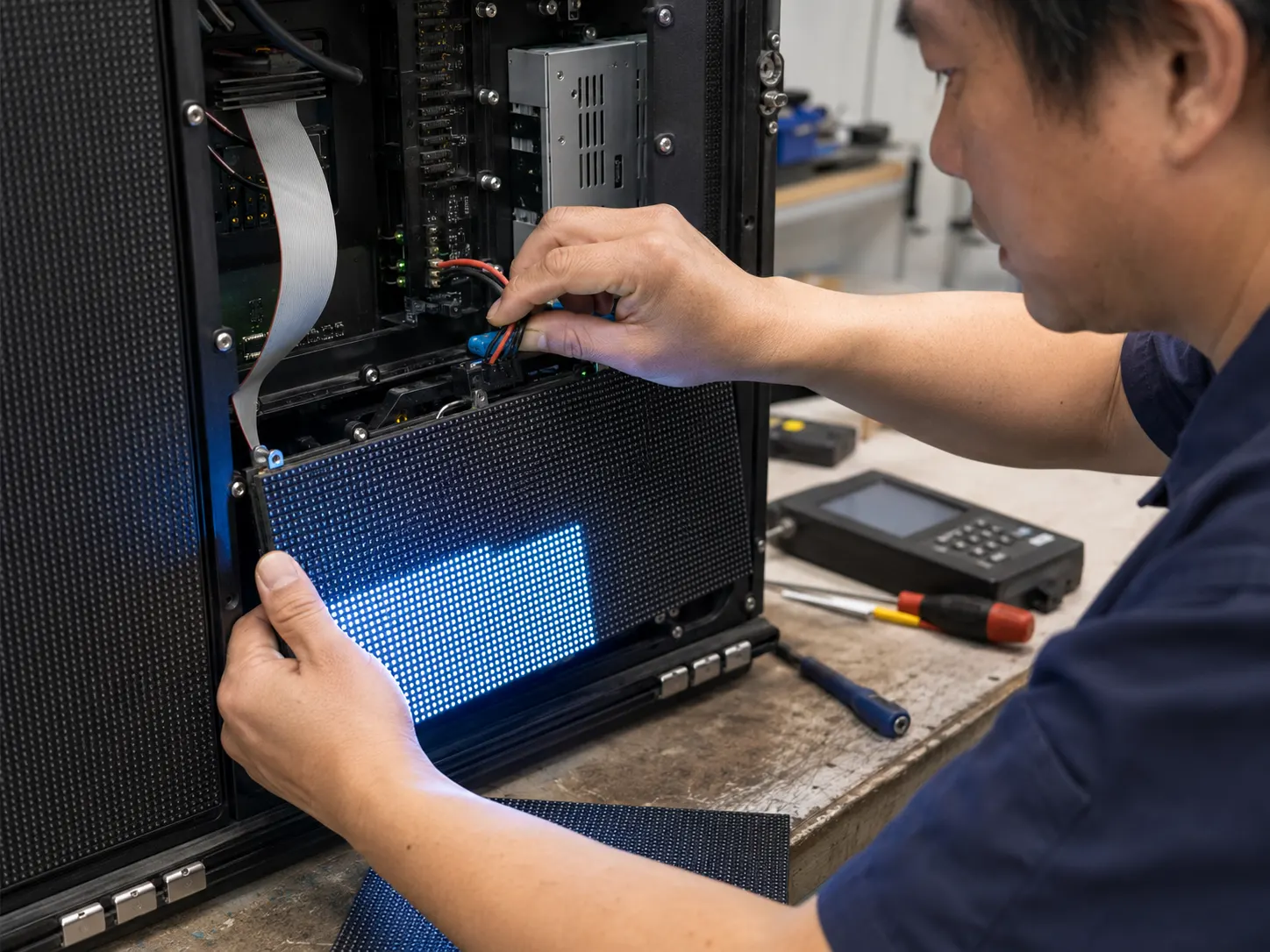 LEOLED technician working on the internal components of an LED display in the Sydney workshop.