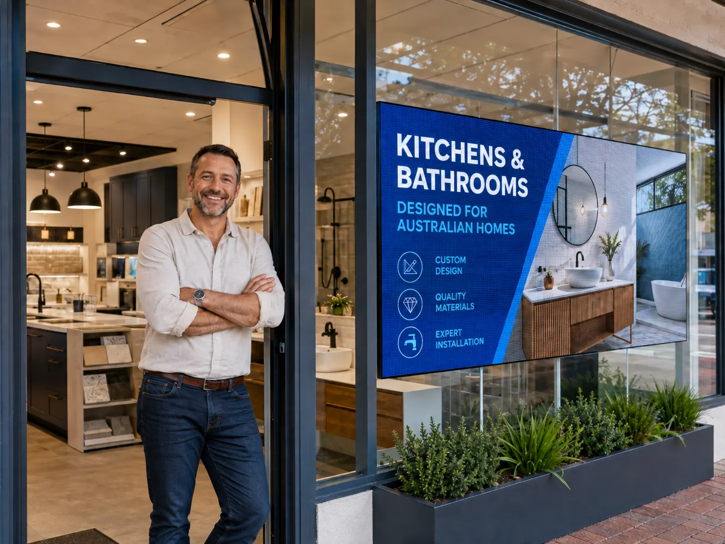 Business owner standing beside a bright LED advertising screen installed in a kitchen and bathroom showroom window.