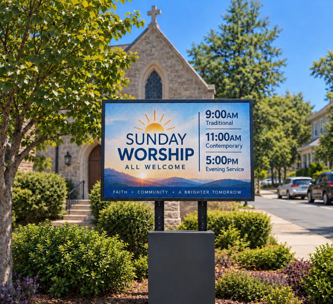 Outdoor LED message board outside a church showing Sunday worship times.