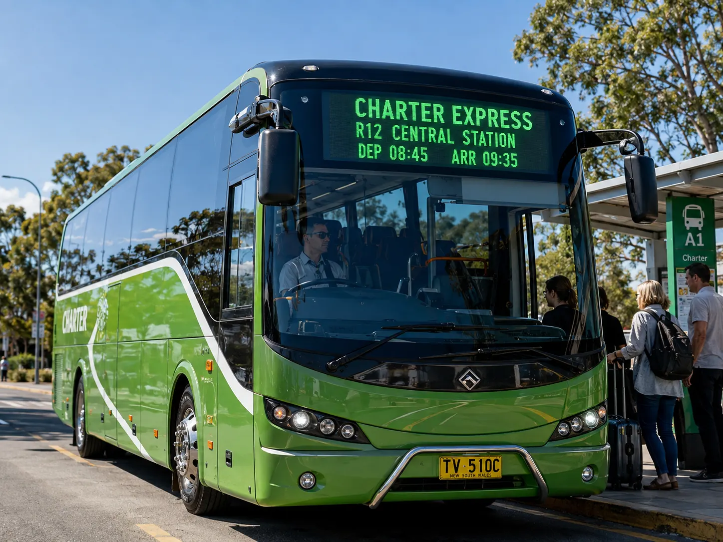LED destination display mounted at the front of a charter bus.