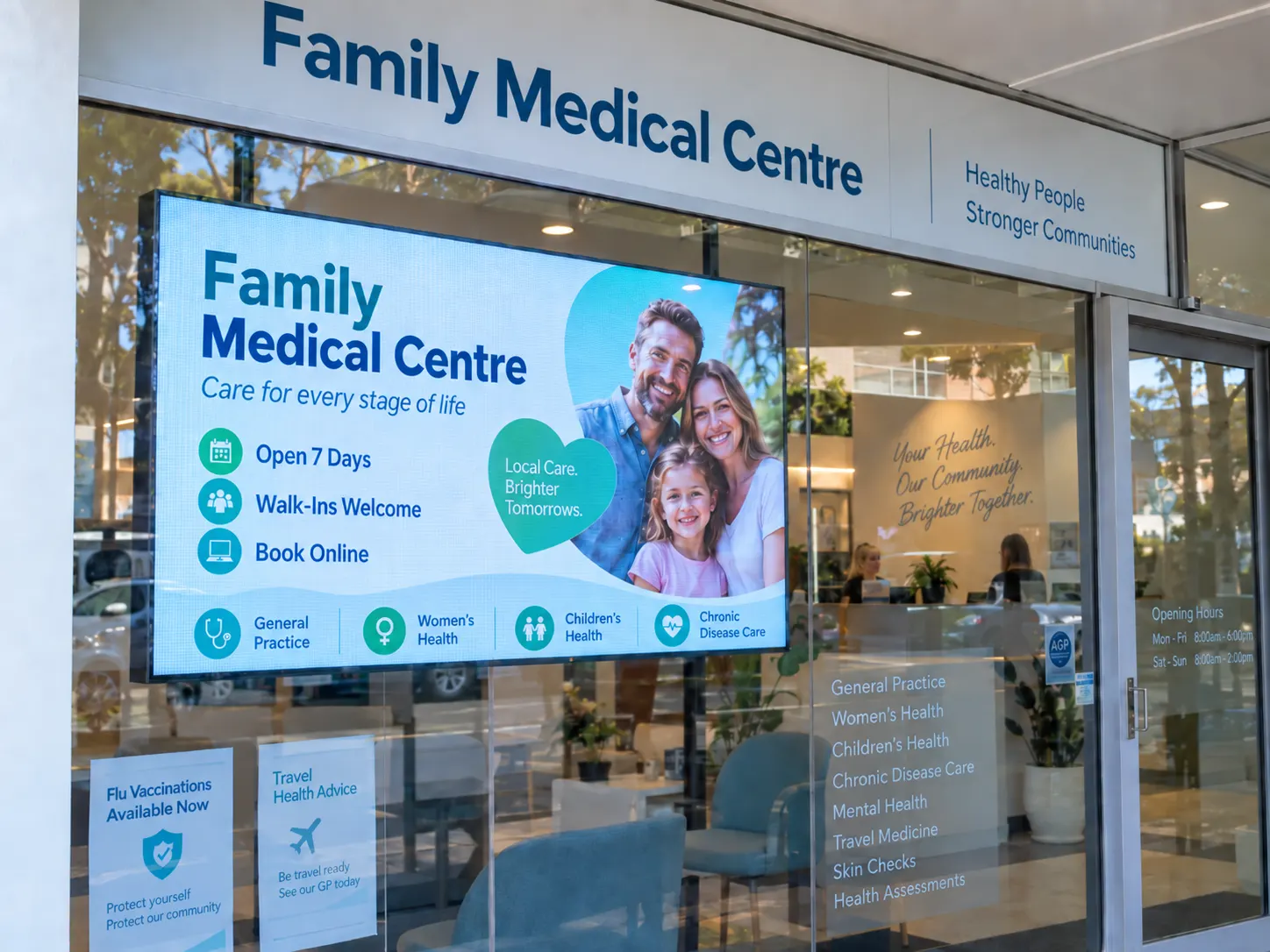 Bright LED information screen installed in a medical centre shopfront window.