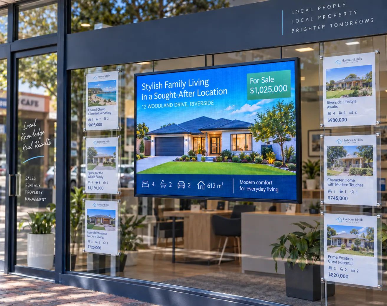 LED property listing screen installed in a real estate agency window.