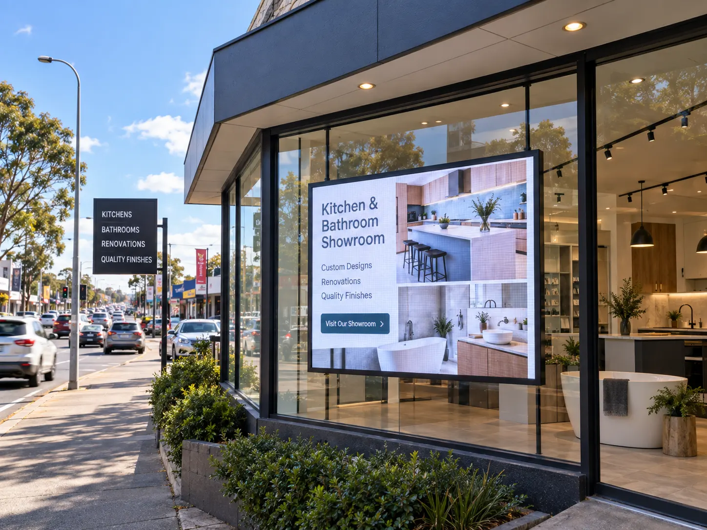 Large LED advertising screen installed in a kitchen and bathroom showroom window.