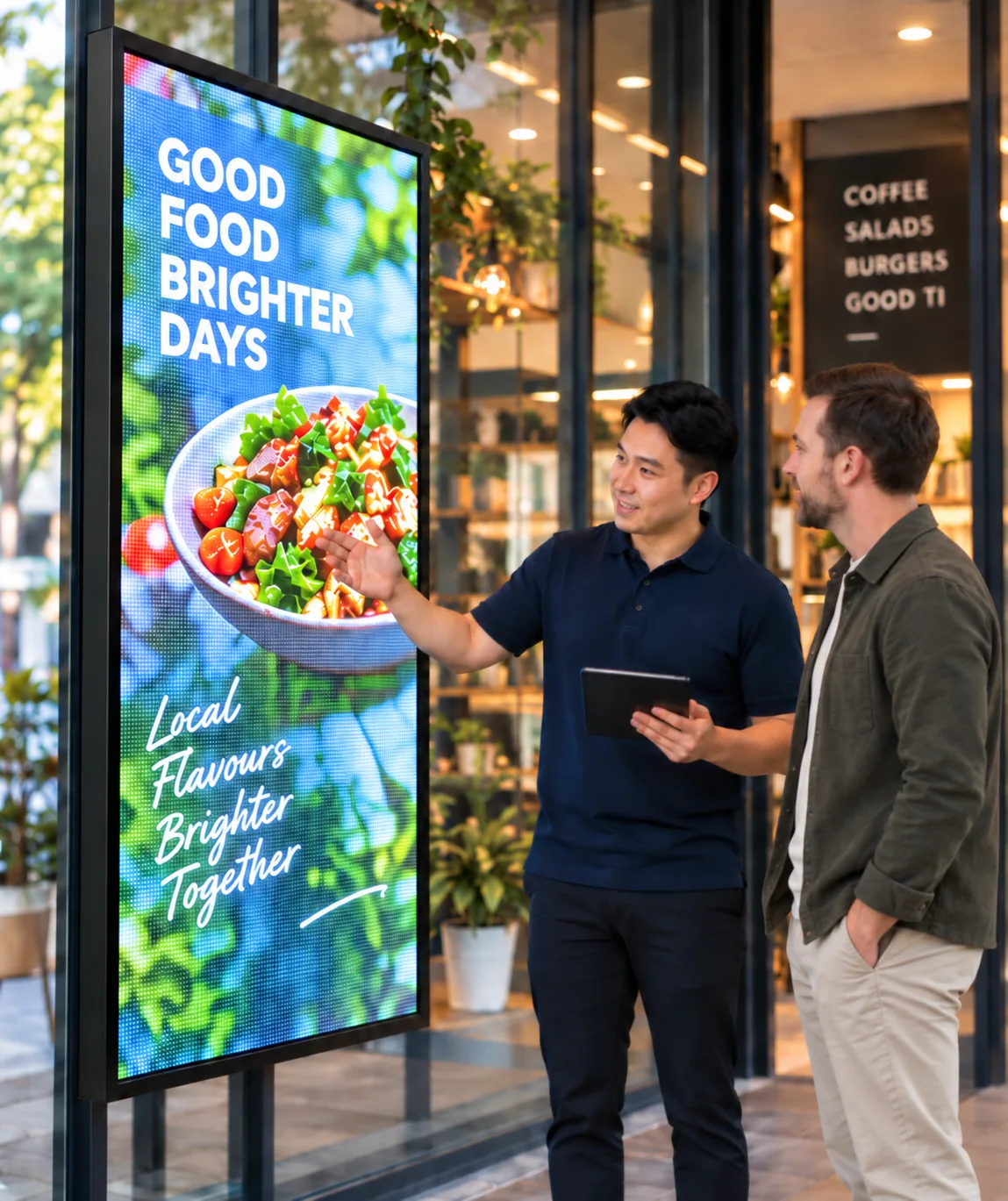 Two people discussing a vertical LED advertising screen in a commercial setting.