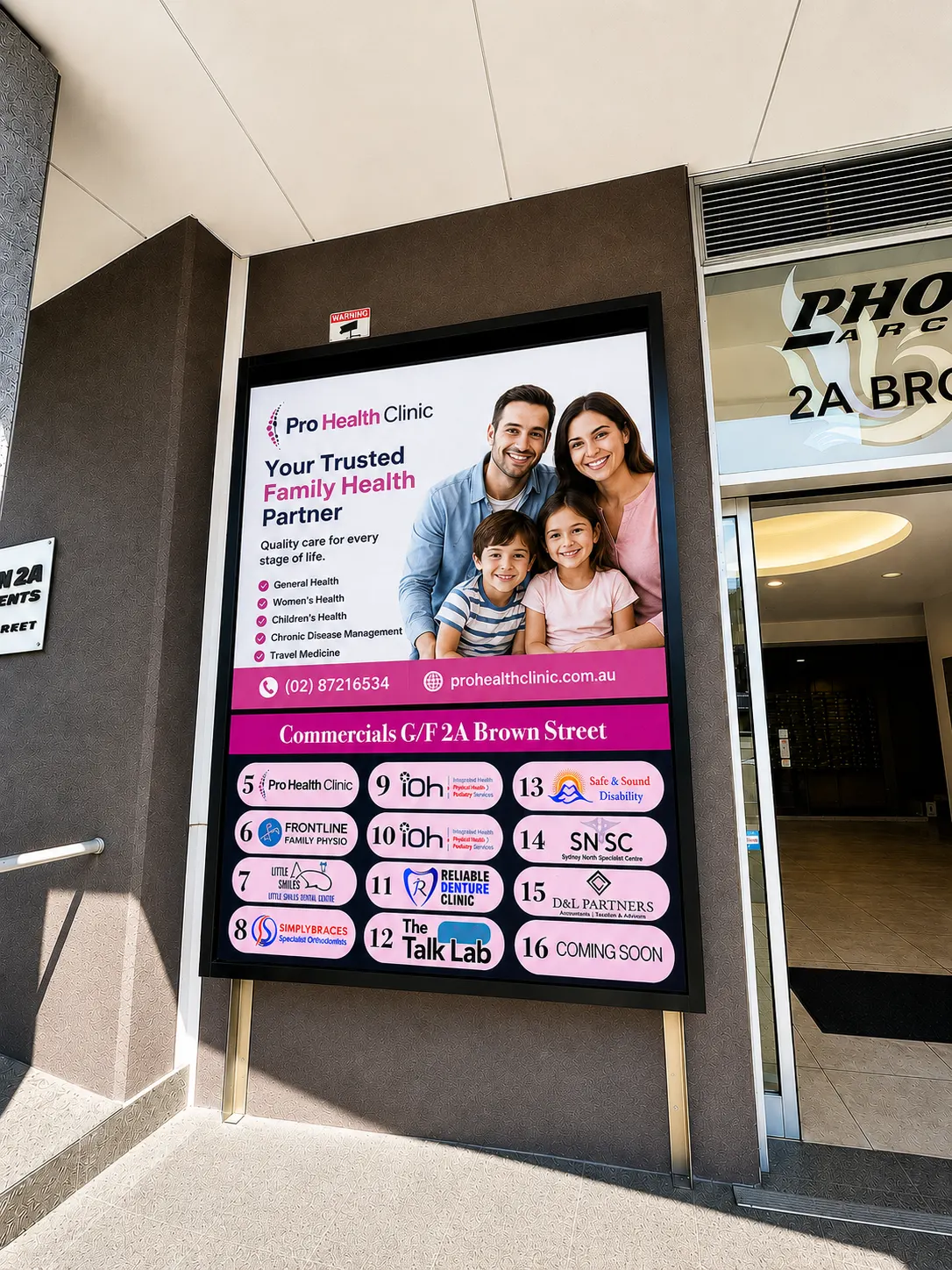 LED building directory screen installed at a commercial property in Ashfield.