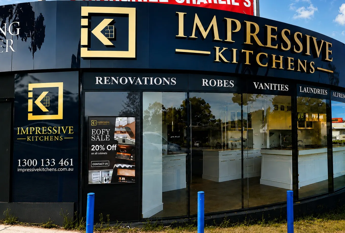 High-brightness LED screen installed in a kitchen showroom window in Thornleigh, Sydney.