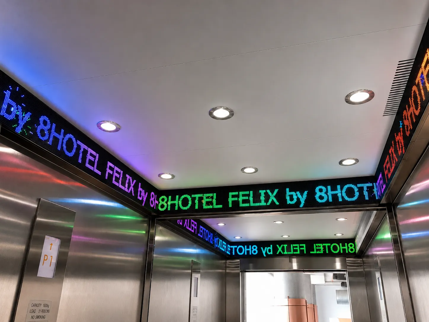 Interior LED feature display installed around a hotel elevator.