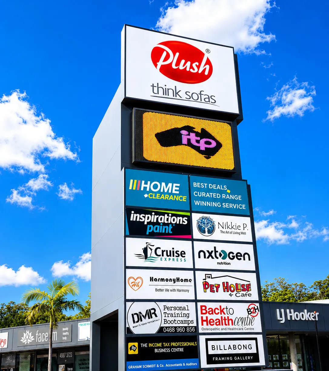 LED pylon sign at a multi-tenant retail and commercial site.