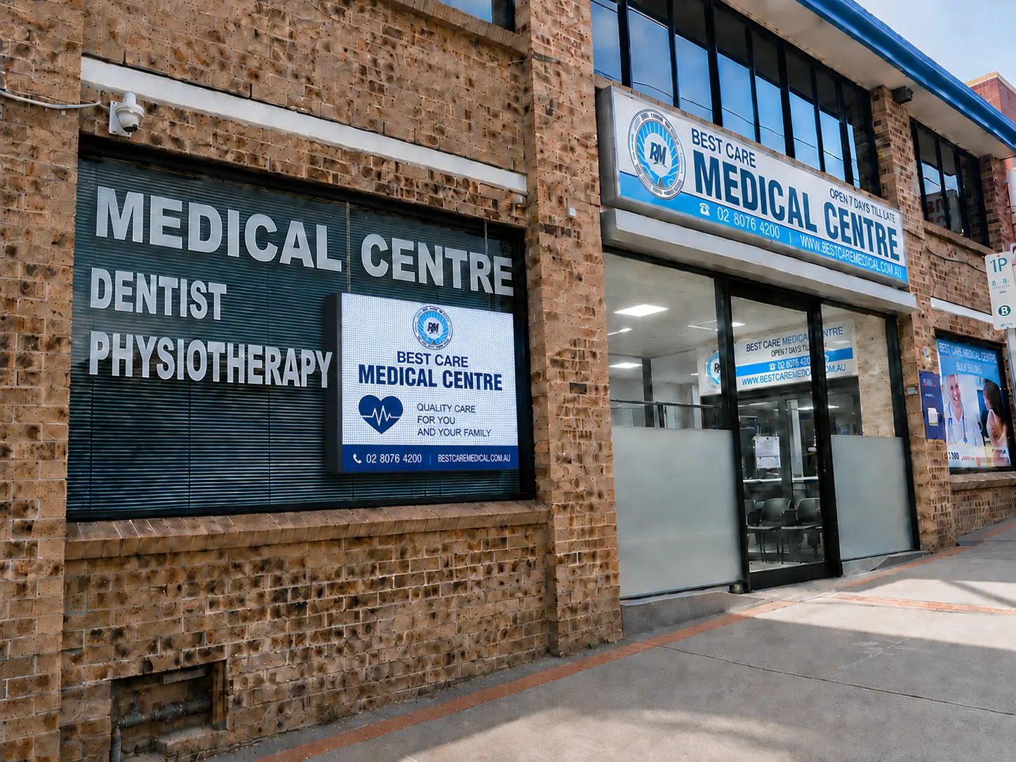 LED information screen installed in a medical centre shopfront.