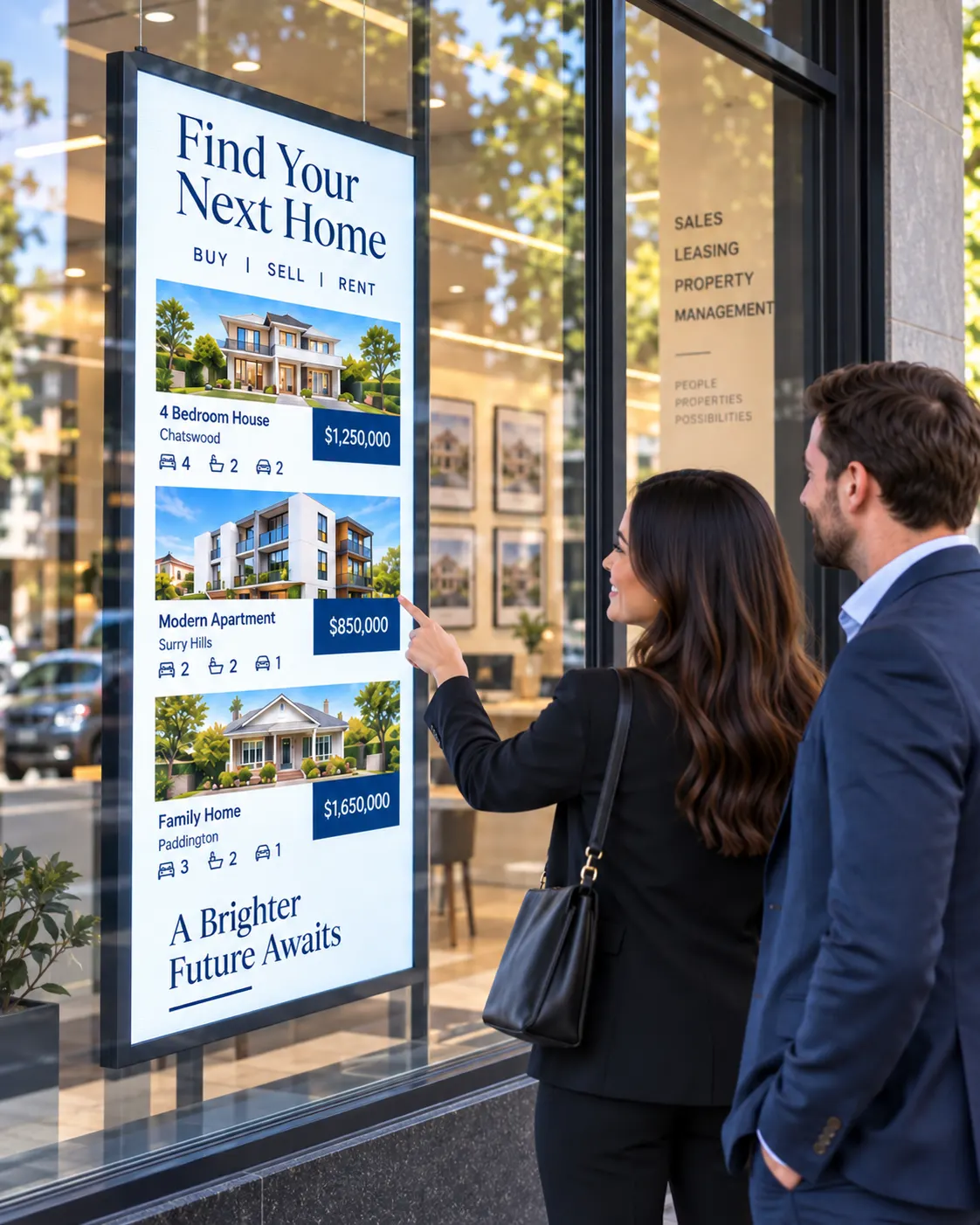 People viewing property listings on a bright LED window display at a real estate agency.
