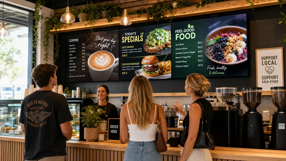 Digital menu screens viewed from close range inside a café.
