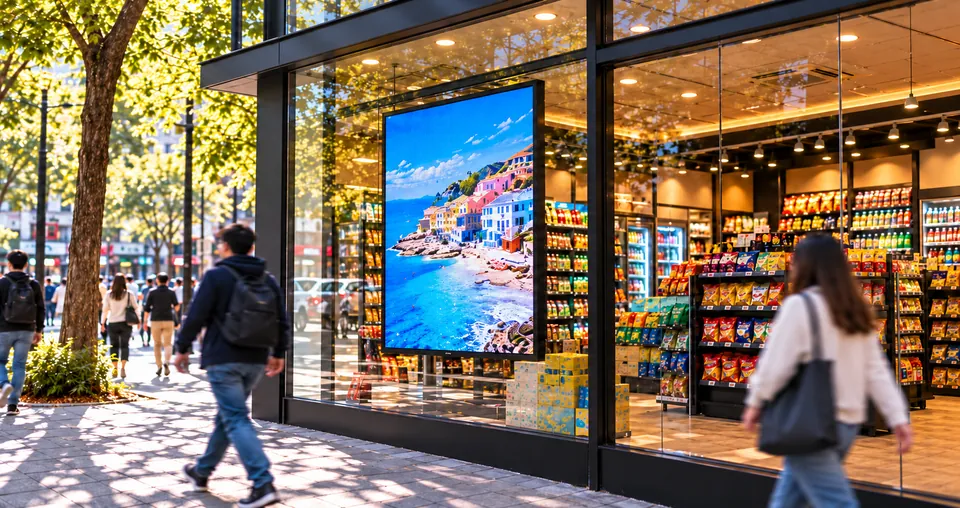 High-brightness direct-view LED screen installed in a street-facing shopfront.