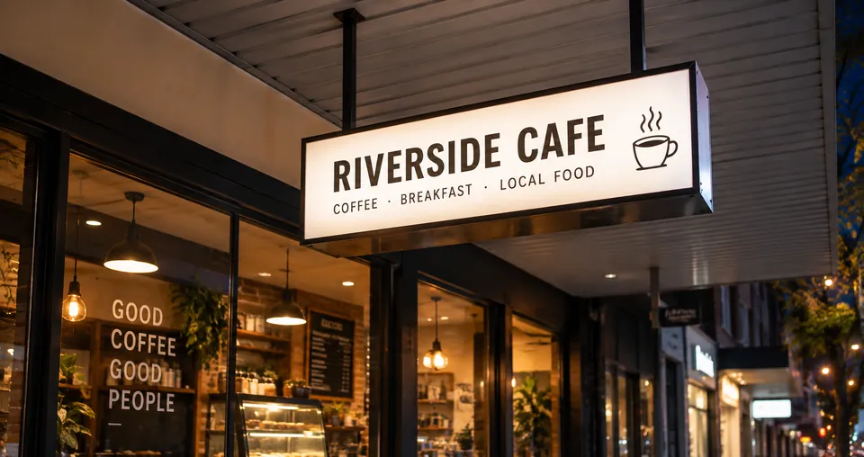 Illuminated lightbox sign mounted above a café storefront.