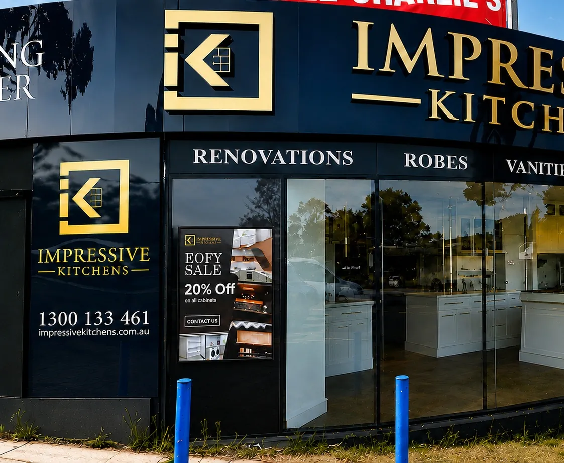 High-brightness LED screen installed in the Impressive Kitchens shopfront in Thornleigh, Sydney.